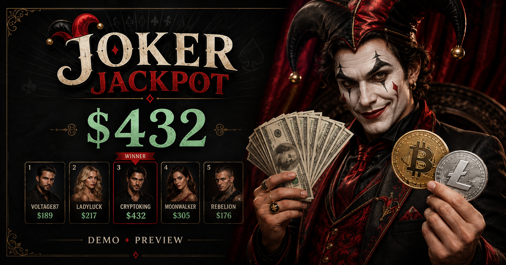 Joker Jackpot, ilustracja demo wygranej 432 USD